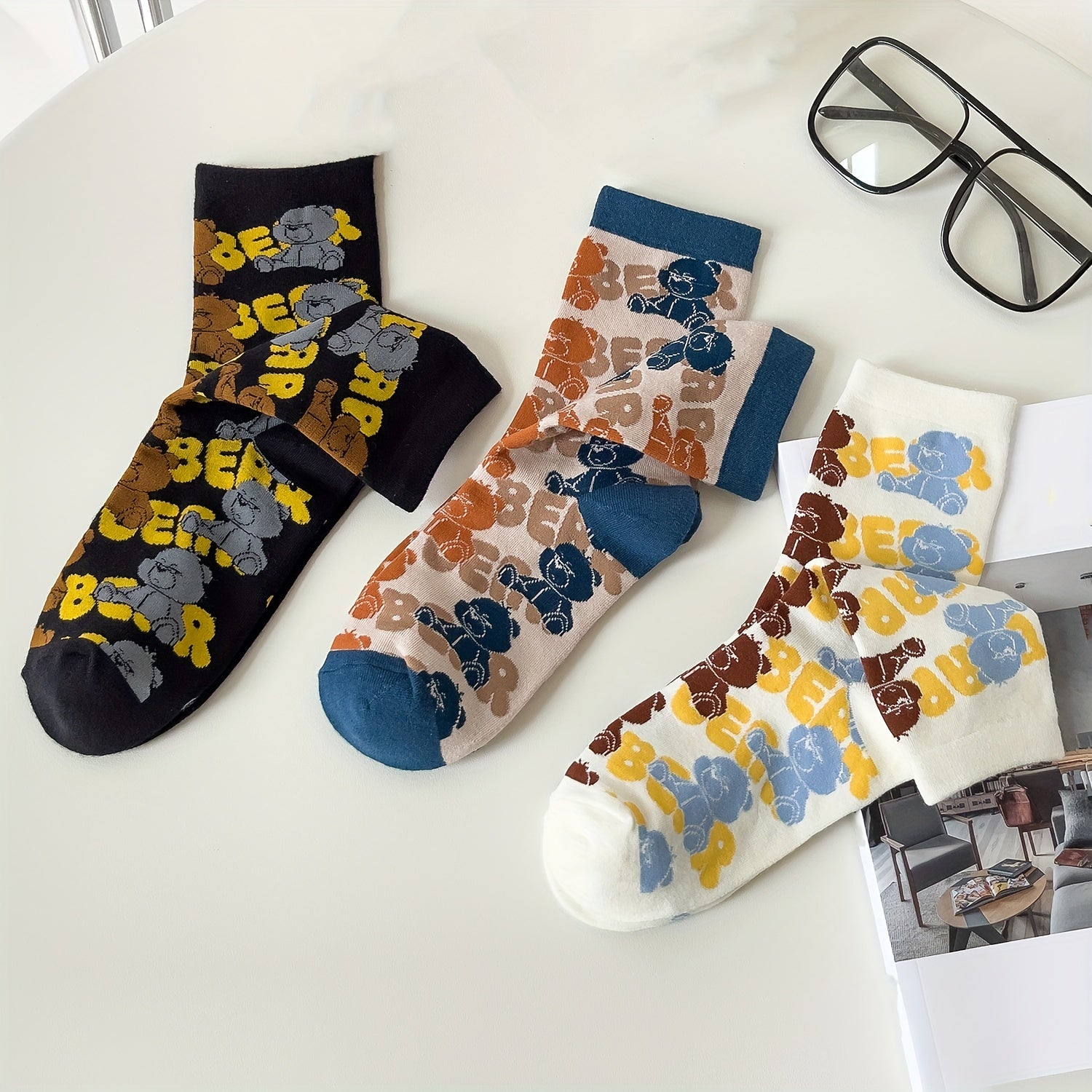 3 Pairs Cute Bear Print Socks Mid Tube Women's Stockings