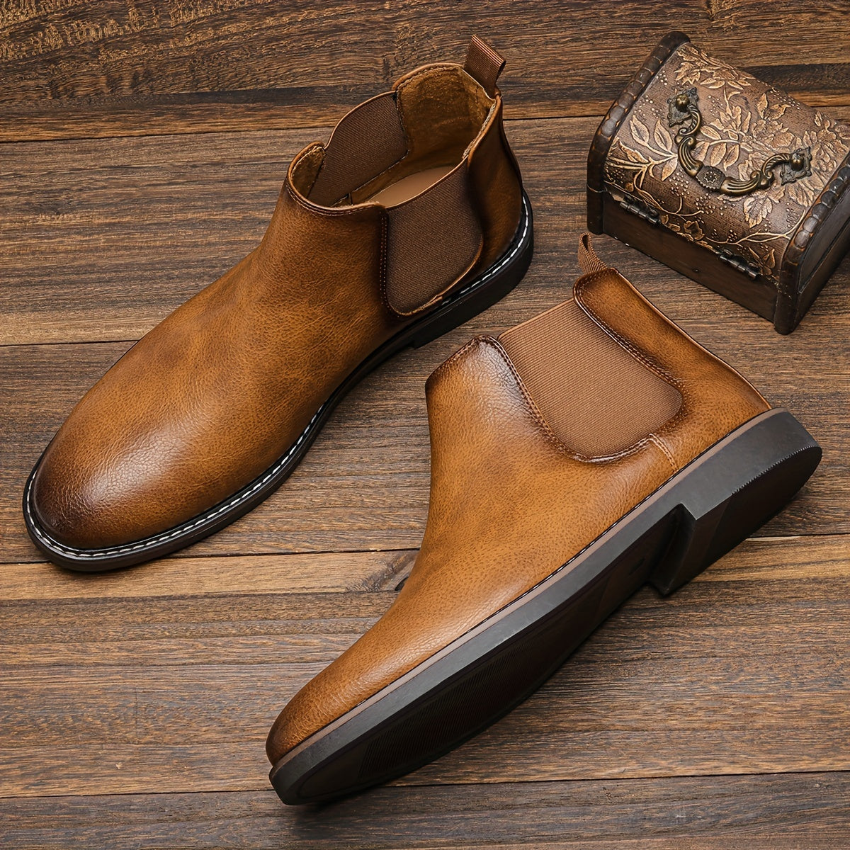 Brown Chelsea Boots Round Toe Dress Casual Ankle Boots Slip On Shoes