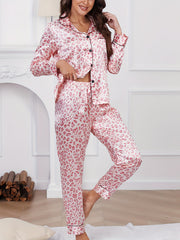 Leopard Print Pajama Set Long Sleeve Top & Pants Women's Sleepwear