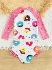 Girls' Donut Graphic Long Sleeve Swimwear Set, 2pcs