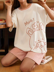 Bunny Print Pajamas Set Short Sleeve Crew Neck Top & Shorts