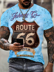 Retro 66 Print Tee Shirt Men's Casual Street Style Stretch Round Neck Tee