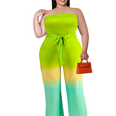 Ombre Print Strapless Flared Leg Jumpsuit With Belt Plus Size