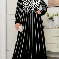 Casual Dress Women's Plus Print Long Sleeve Round Neck S