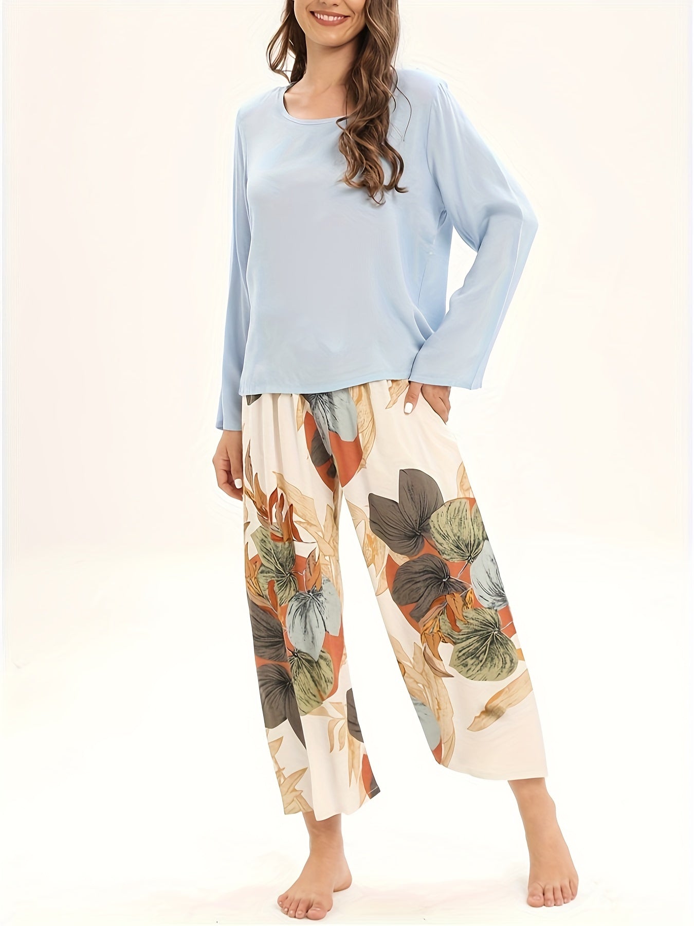 Floral Print Pajama Set Long Sleeve Top & Elastic Waistband Pants