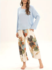 Floral Print Pajama Set Long Sleeve Top & Elastic Waistband Pants