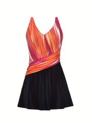 Colorblock Stripe Print V Neck One Piece Swimsuit