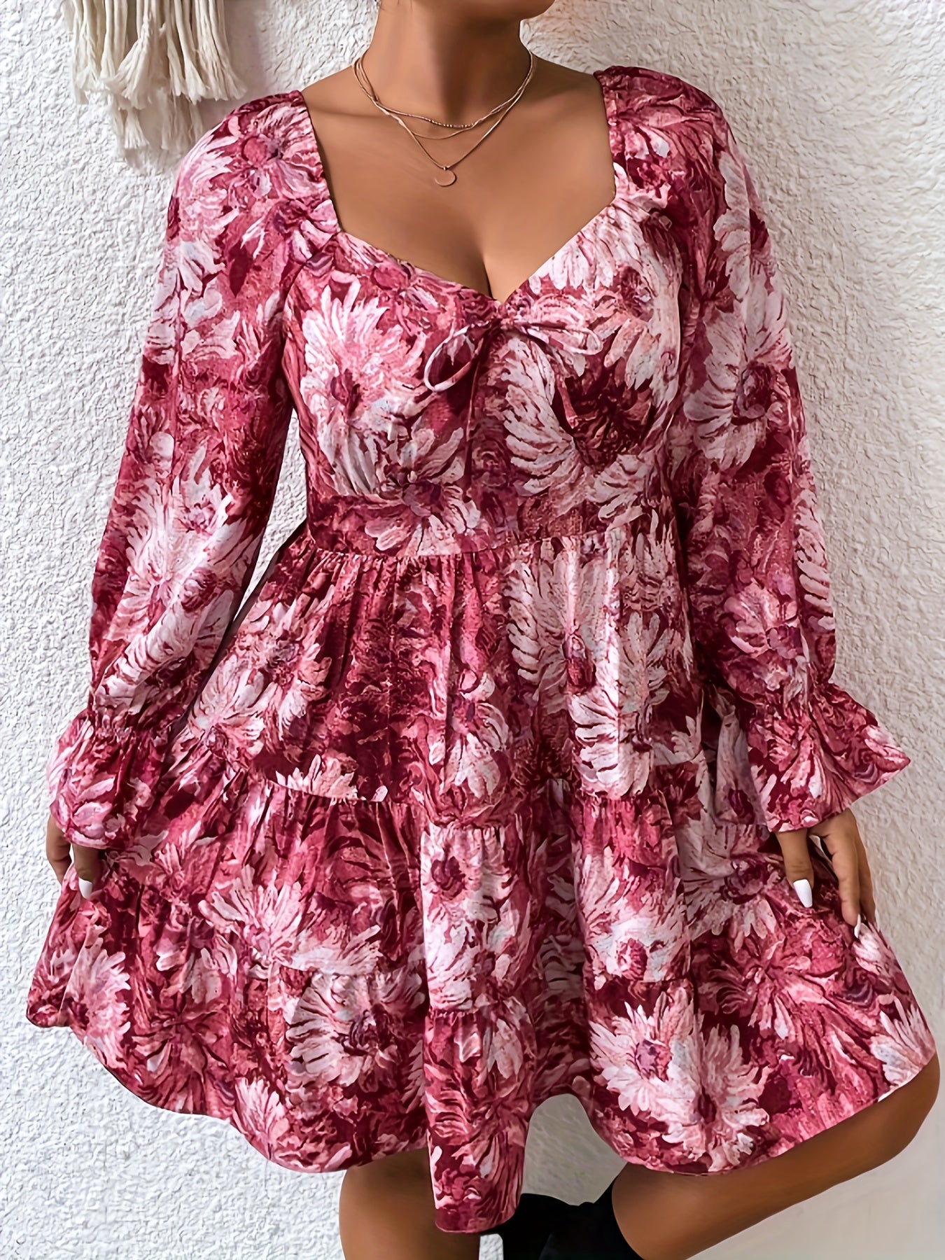 Floral Print Lantern Sleeve Sweetheart Neck Mini Smock Dress