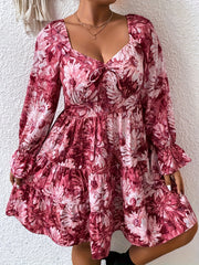 Floral Print Lantern Sleeve Sweetheart Neck Mini Smock Dress