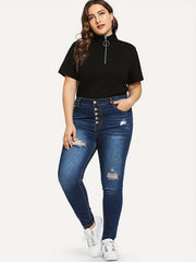Plus Solid Ripped High Rise Skinny Jeans