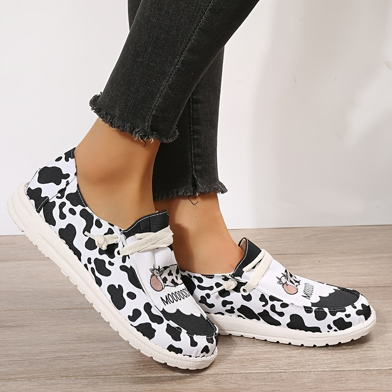 Women's Cow Canvas Shoes Low Top Lace Up Round Toe Flat Shoes