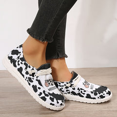 Women's Cow Canvas Shoes Low Top Lace Up Round Toe Flat Shoes