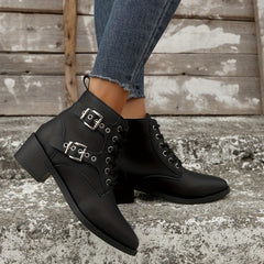 Women's Eyelet Buckle Western Style Cowboy Boots Lace up Outdoor Mid Calf Boots