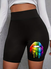 Rainbow Lip Print High Rise Biker Shorts