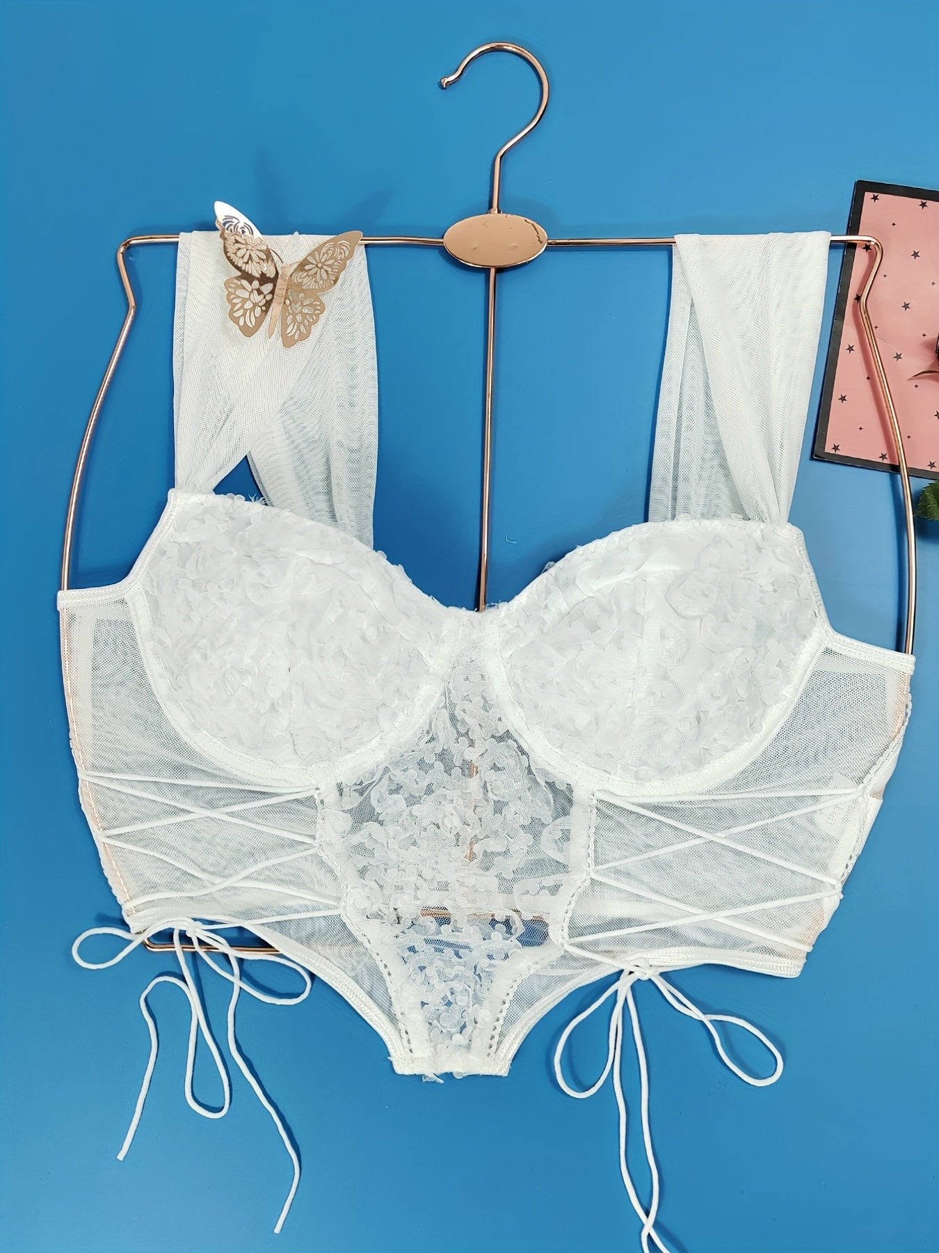 Floral Lace Drawstring Camisole Corset V Neck Underwire Lingerie