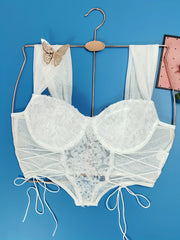 Floral Lace Drawstring Camisole Corset V Neck Underwire Lingerie