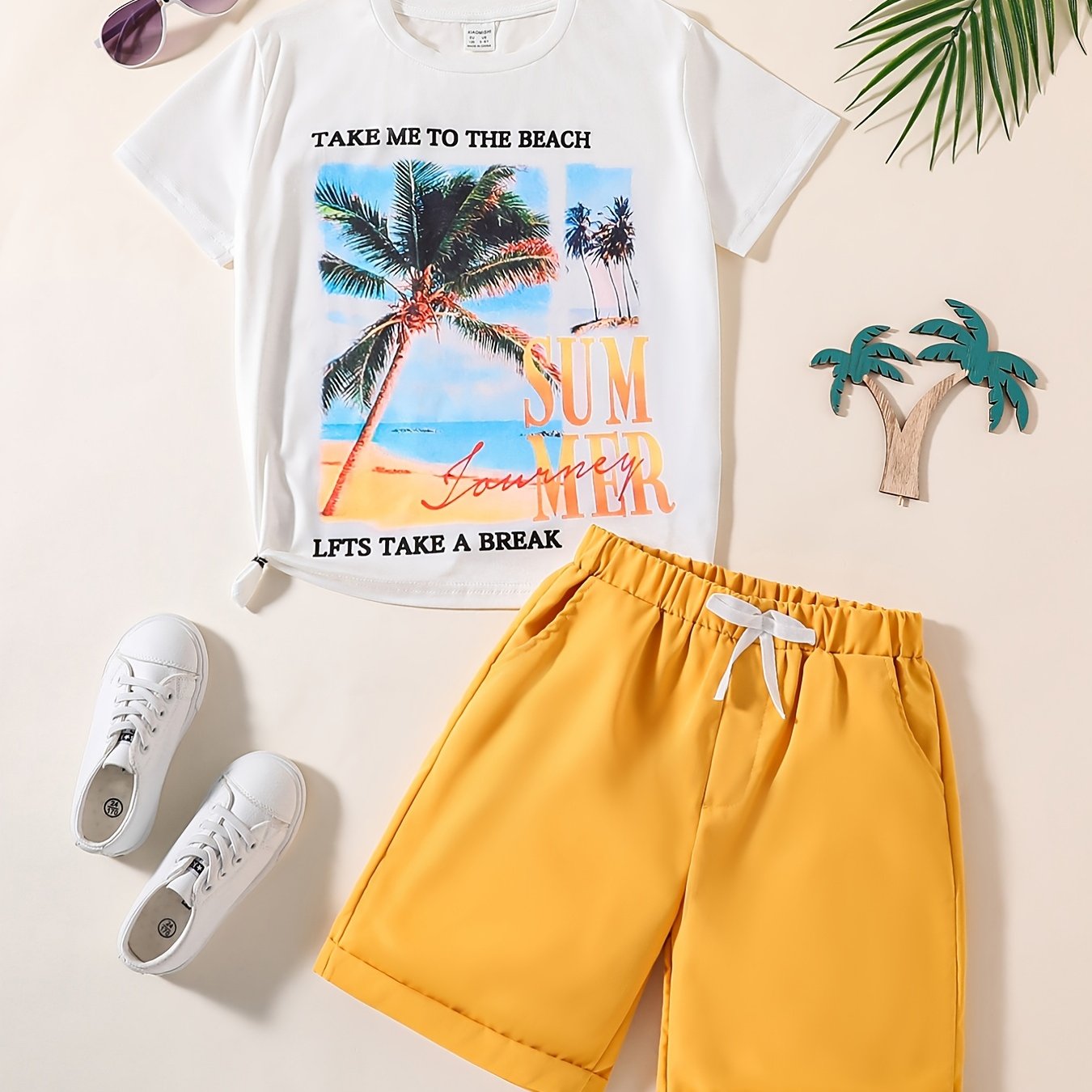 Boys 2pcs Beach Print T Shirt & Shorts Set for Summer Kids