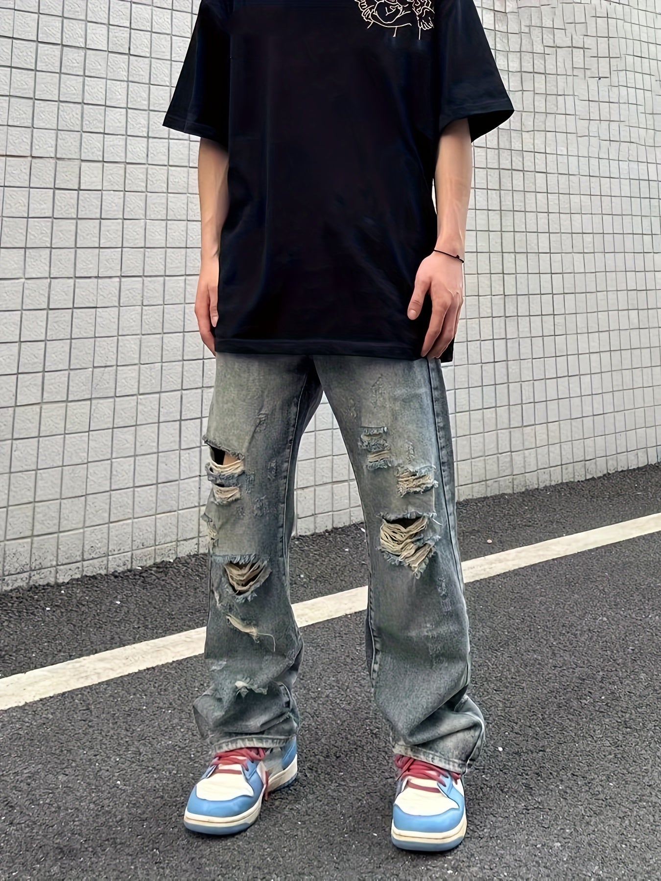 Men's Distressed Cotton Jeans Casual Street Style Denim Pants