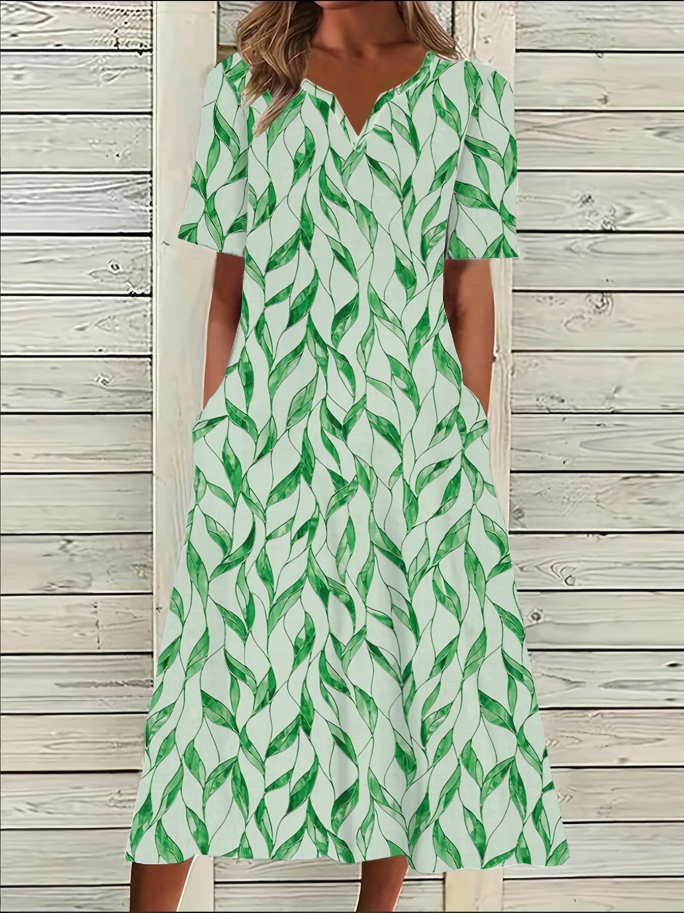 Leaf Print Short Sleeve Casual Dress With Pockets
