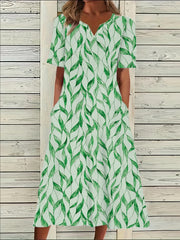 Leaf Print Short Sleeve Casual Dress With Pockets