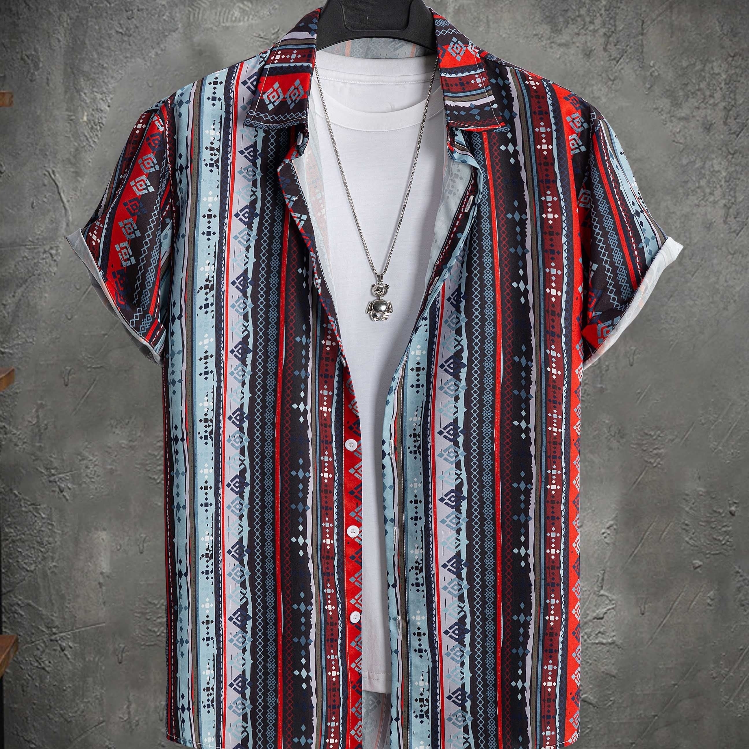 Boho Stripe Print Men's Short Sleeve Shirt