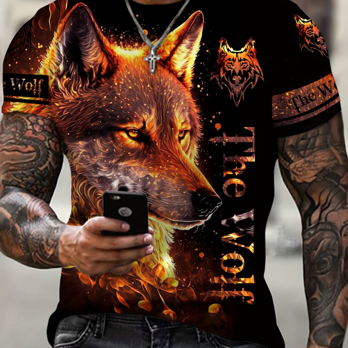 Wolf Print Men's Short Sleeve Tee for Autumn