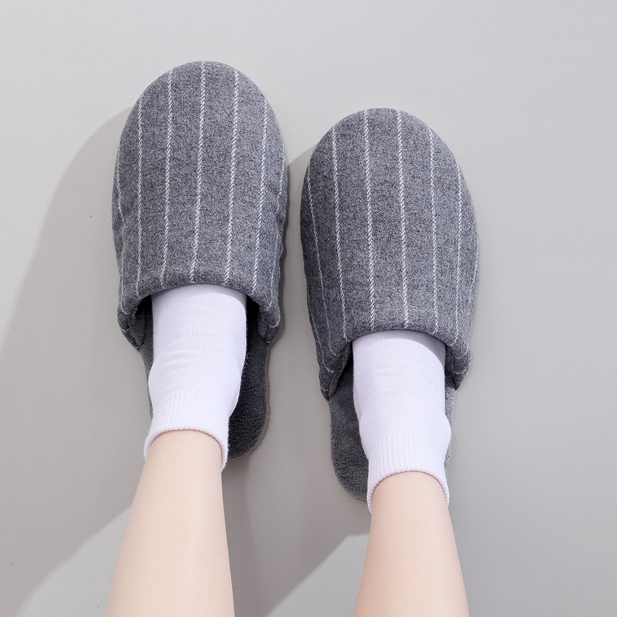 Grey Minimalist Striped Fluffy Slippers