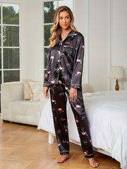 Flamingo Print Pajama Set Long Sleeve Top & Pants