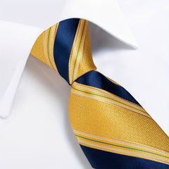 Classic Striped Tie Set Yellow Silk Woven Necktie Hanky Cufflinks
