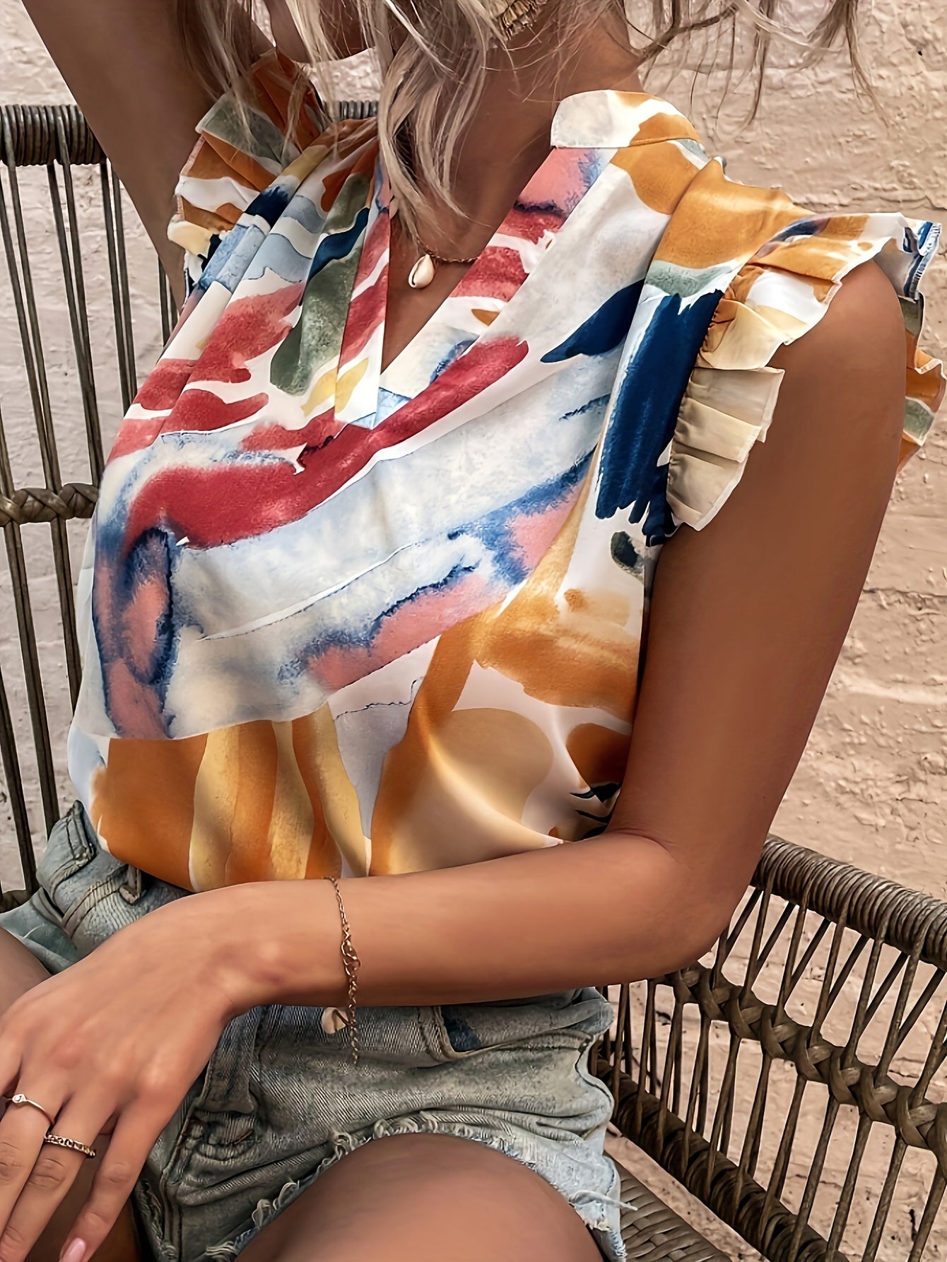 V Neck Ruffle Trim Top Sleeveless