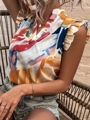 V Neck Ruffle Trim Top Sleeveless