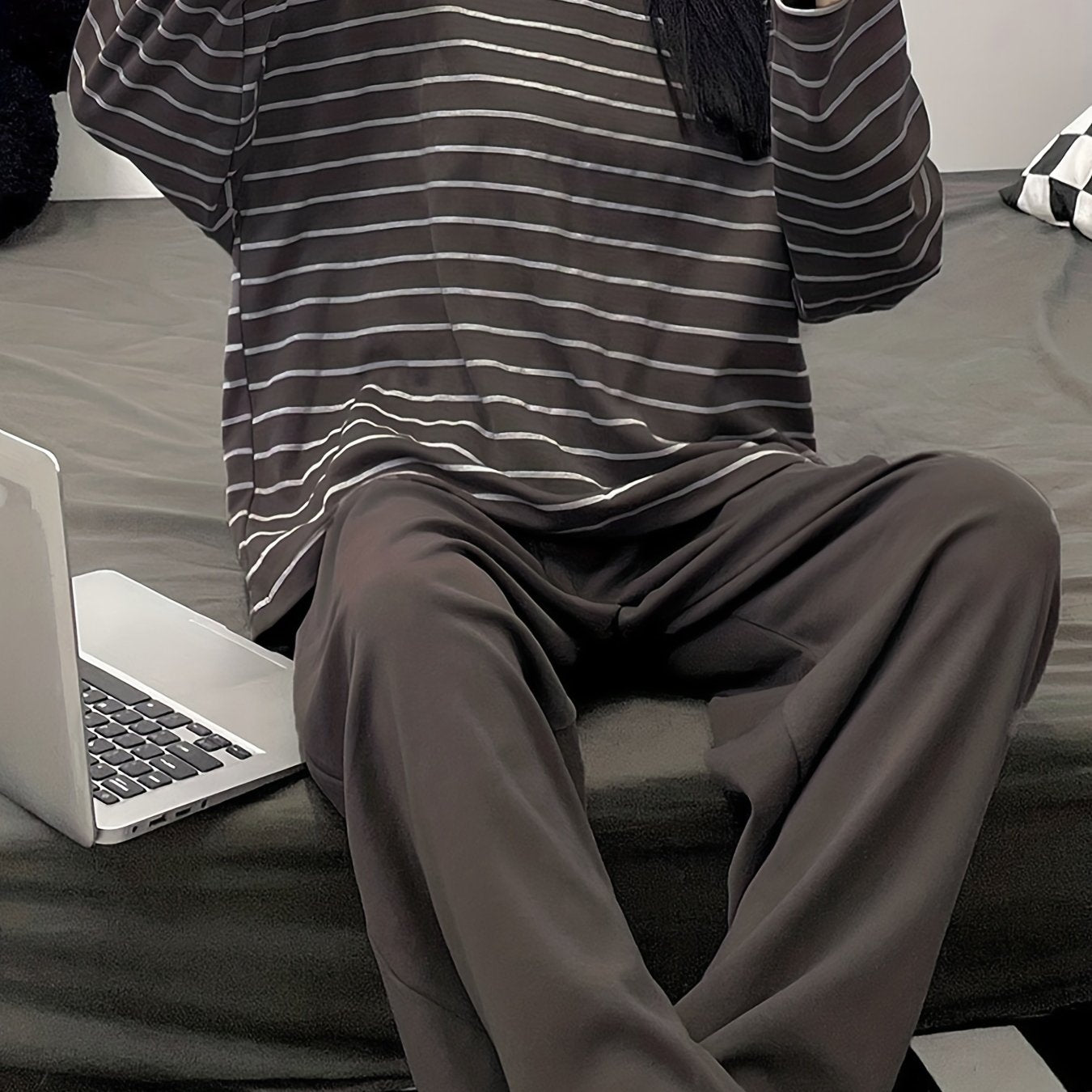 Striped Print Pajama Set Long Sleeve Crew Neck Top & Elastic Waistband Pants