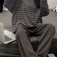 Striped Print Pajama Set Long Sleeve Crew Neck Top & Elastic Waistband Pants