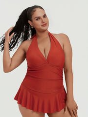 Women's Plus Solid Ruffle Trim Halter Neck One Piece Swimsuit