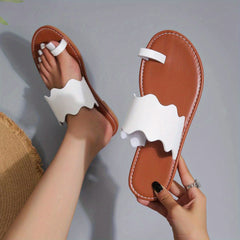 Women's Flat Toe Loop Sandals Scallop Trim Slip On Shoes