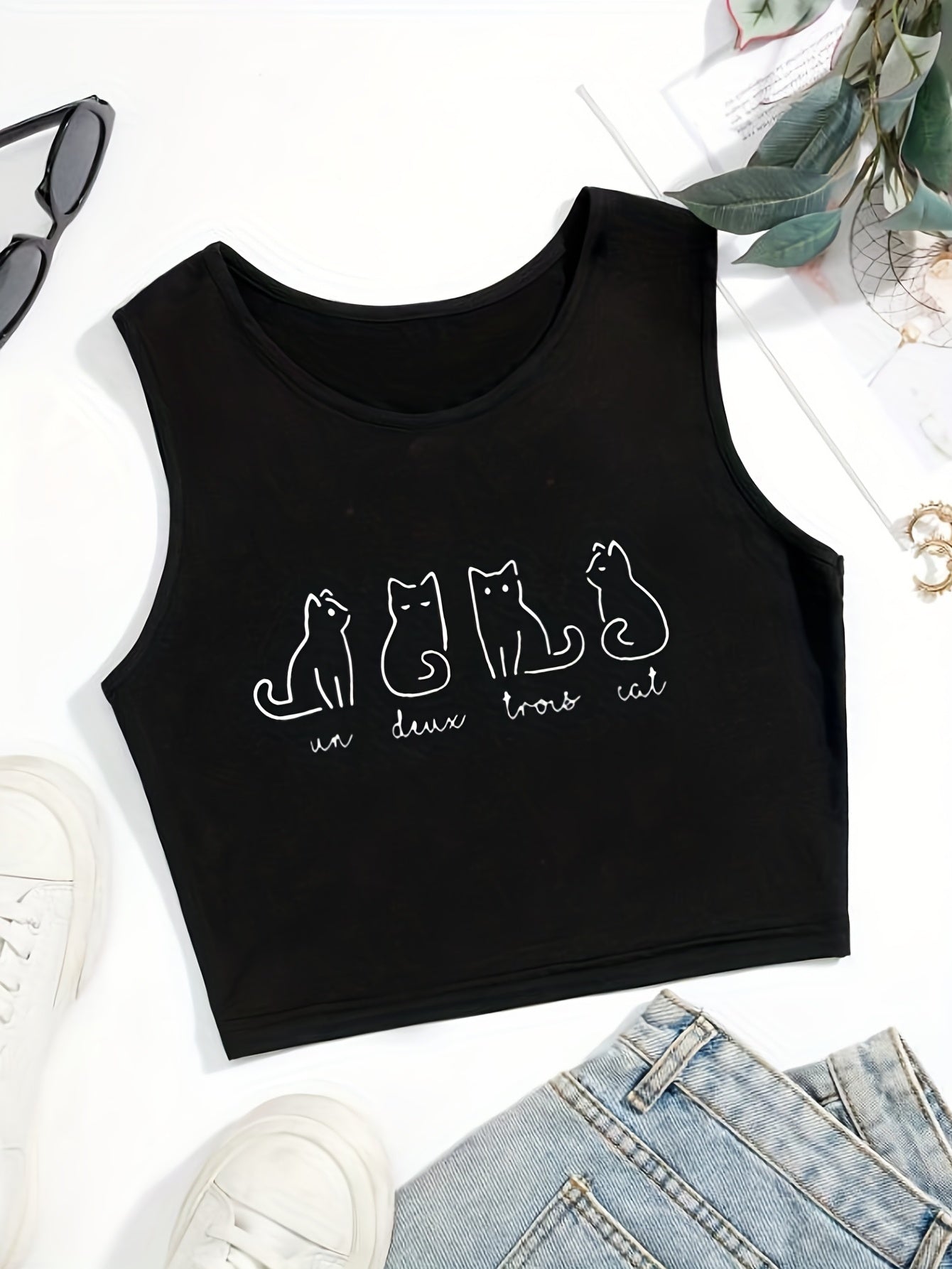 Cartoon Cat Print Crop Tank Top Sexy Summer Sleeveless Casual Top