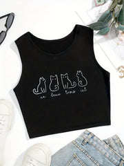 Cartoon Cat Print Crop Tank Top Sexy Summer Sleeveless Casual Top