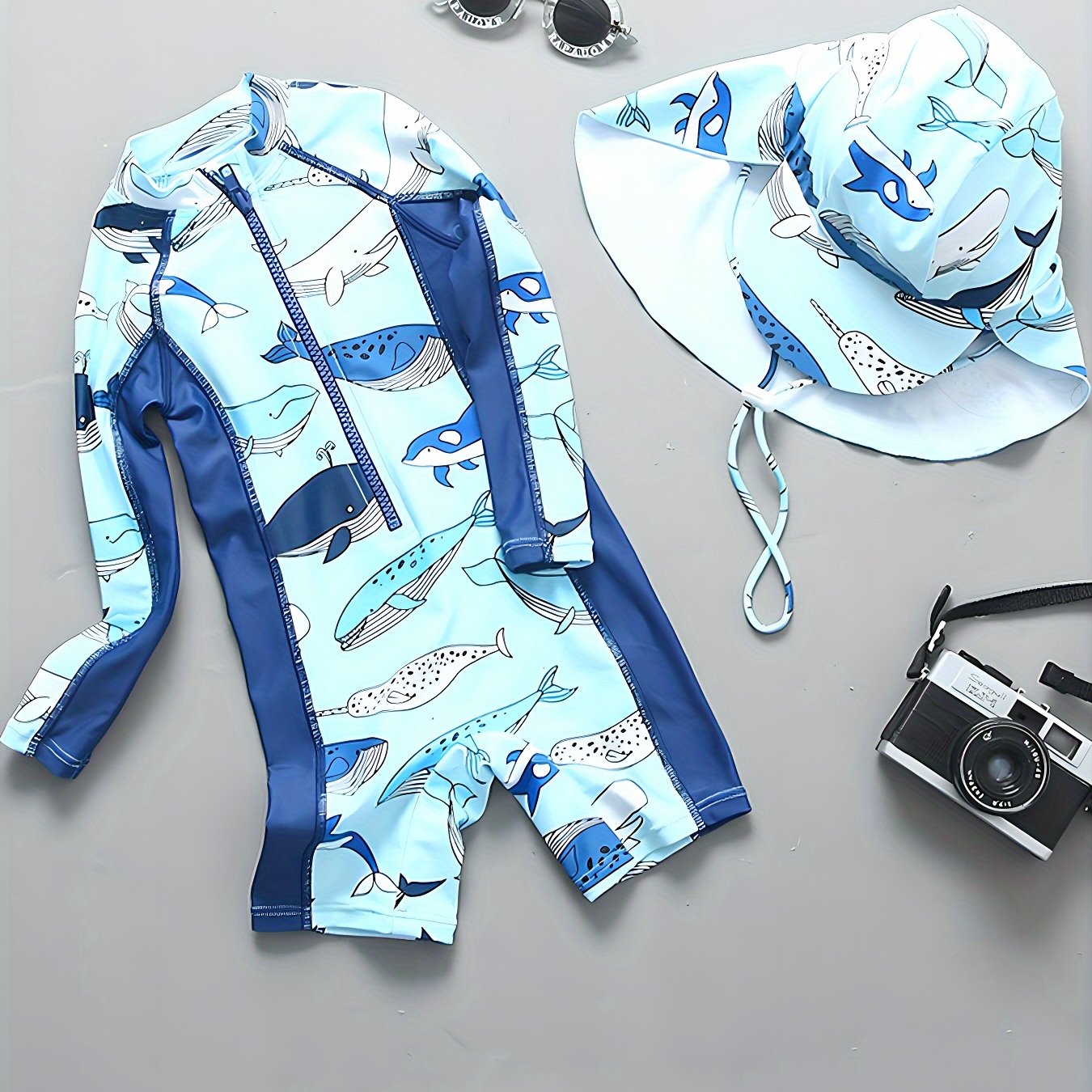 Boy's Whale Graphic One Piece Swimsuit Short Sleeves Zip Up Swimwear
