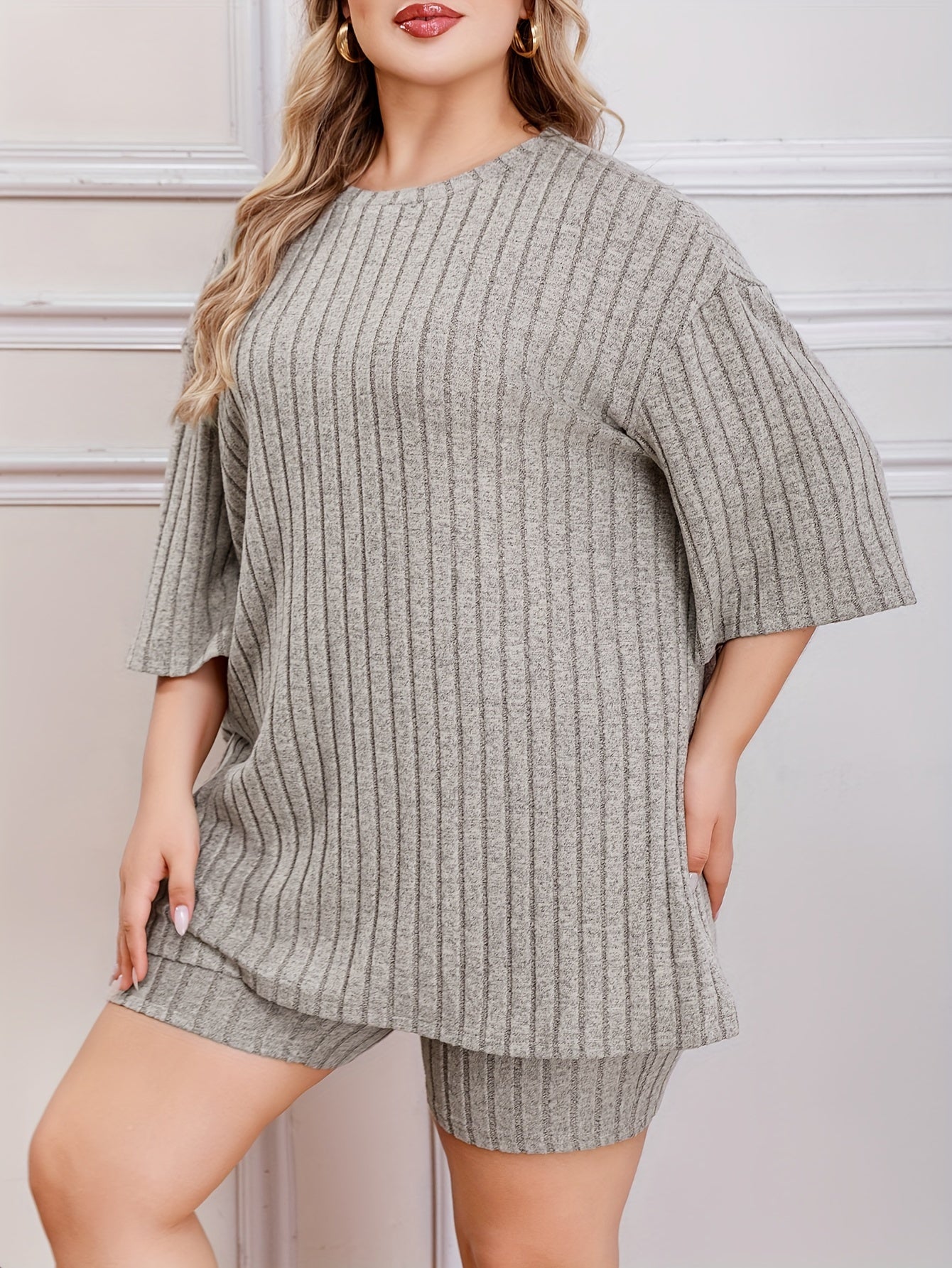 Solid Short Sleeve Ribbed Knit Top & Shorts 2 Pc Set