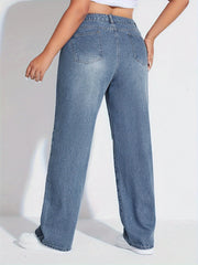 Wide Leg Washed Jeans Button Fly Casual Denim