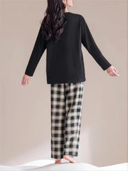 Comfy Solid Top & Plaid Print Lounge Pants Pajama Set