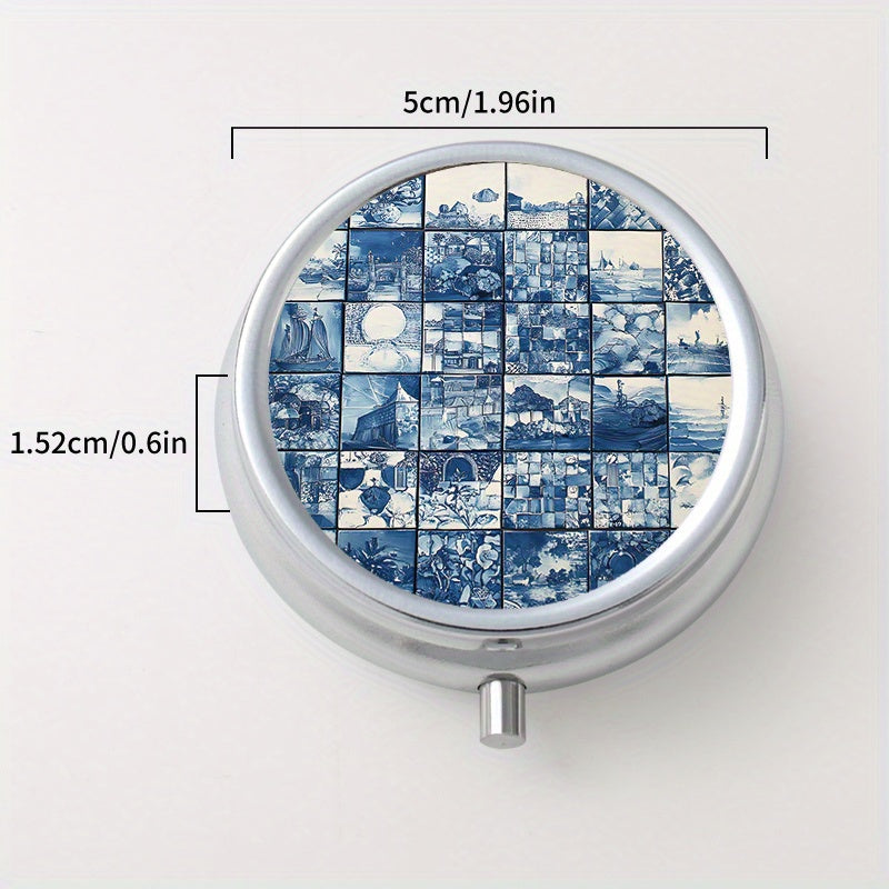 Artistic Glass Print Round Pill Organizer with 3 Compartments
