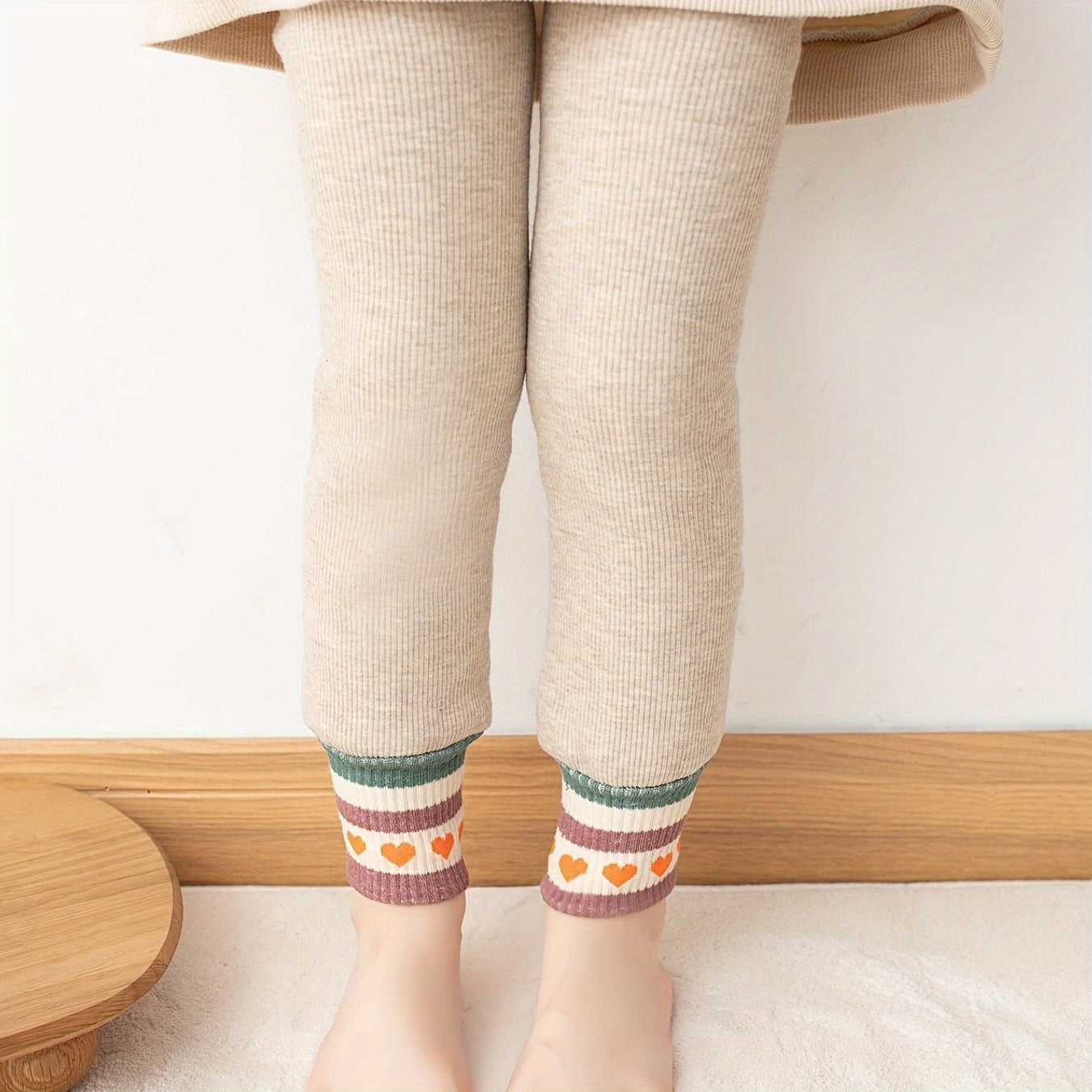 Girls Kids Fleece Warm Striped Heart Leggings