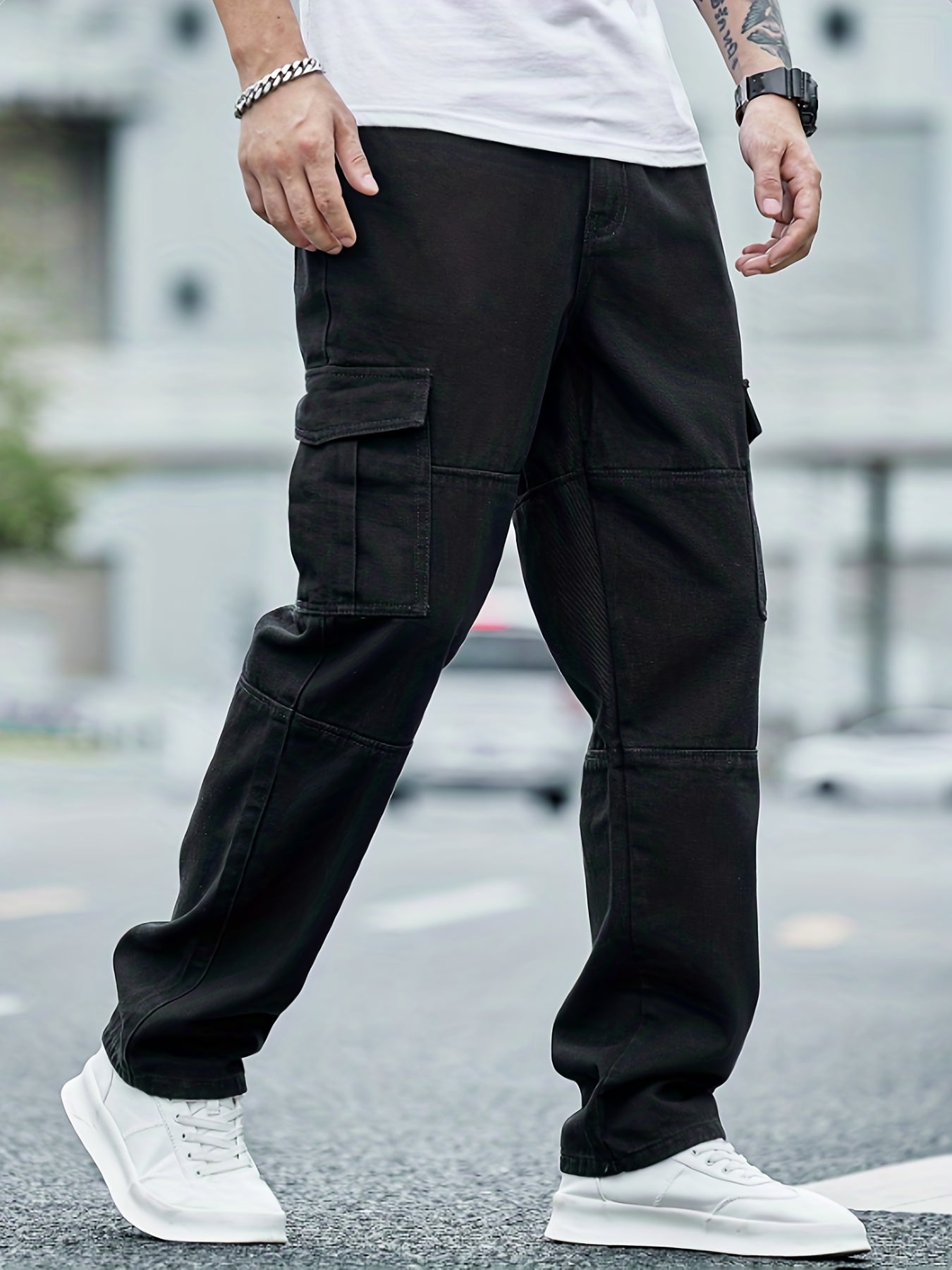 Men's Loose Fit Flap Pocket Jeans Casual Denim Pants