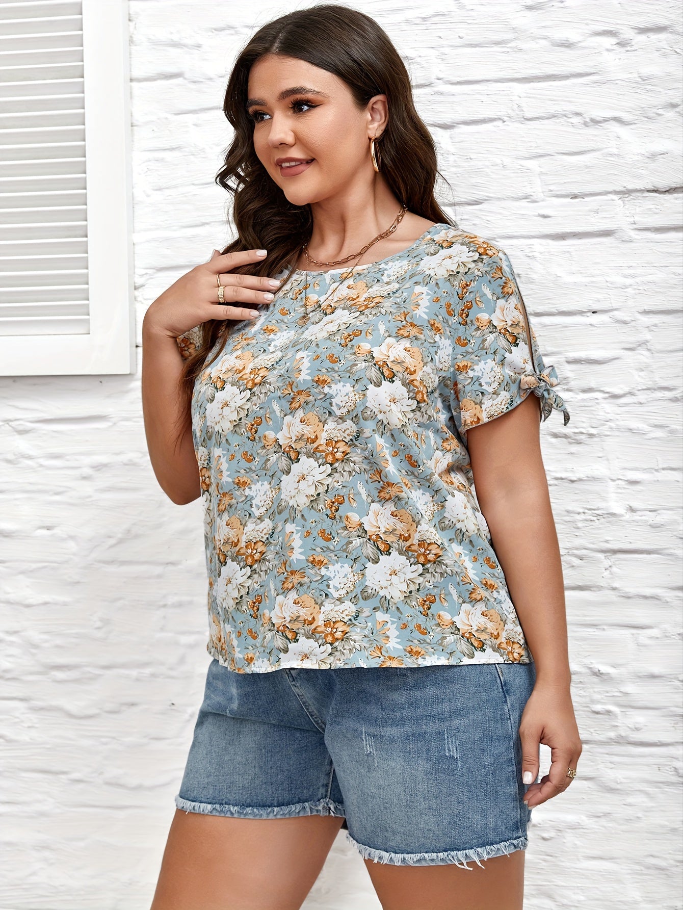 Casual Blouse Women's Plus Floral Print Bow Knot Top
