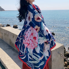 Boho Flower Print Oversized Tassel Scarf Sunscreen Head Wrap