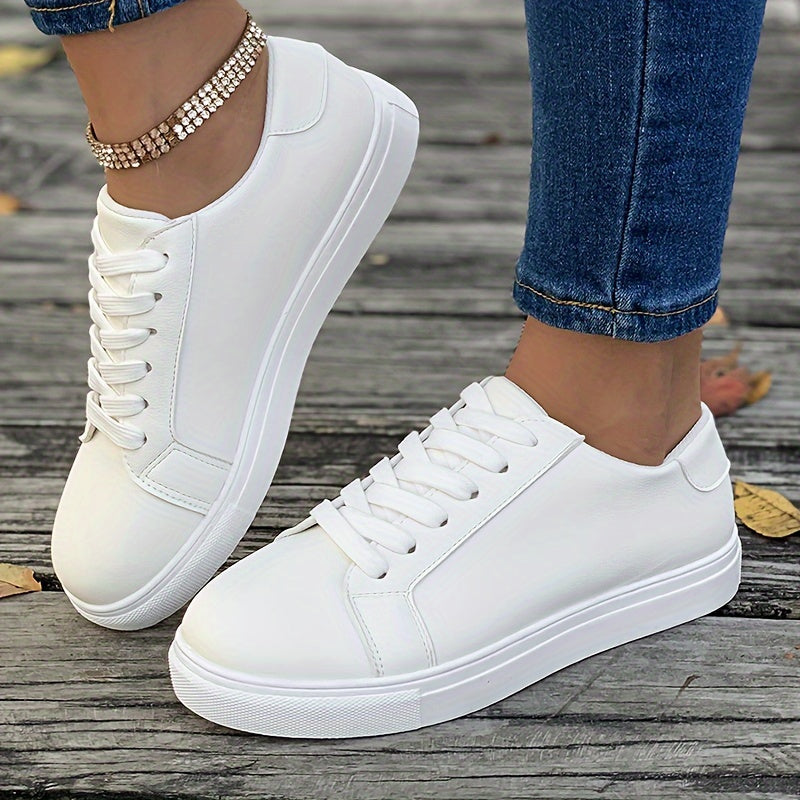 Solid Faux Leather Flat Skate Shoes Low Cut Lace Up Sneakers