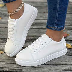 Solid Faux Leather Flat Skate Shoes Low Cut Lace Up Sneakers