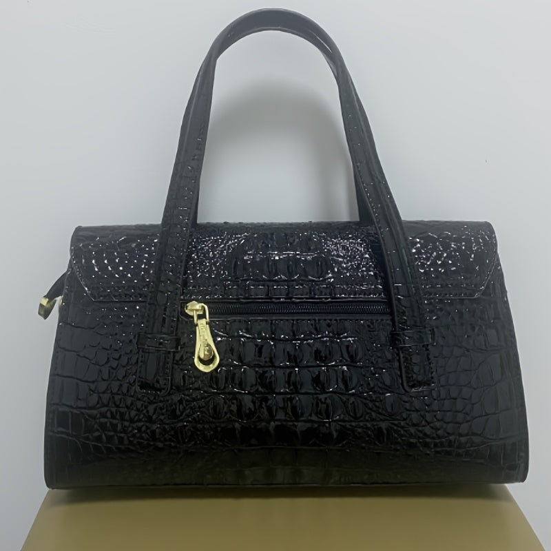 Women's Crocodile Embossed Boston Bag with Shoulder Strap