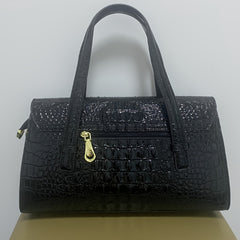 Women's Crocodile Embossed Boston Bag with Shoulder Strap